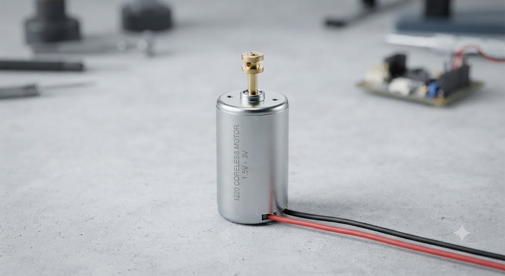 High-performance 1220 coreless motor (12x20mm) sitting on an engineering workbench with power wires and precision tools.