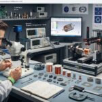 Micro brushless coreless motor design and testing lab bench featuring precision winding equipment, oscilloscopes, and micro components.
