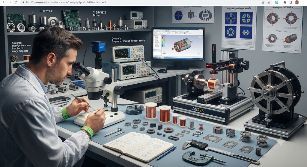 Micro brushless coreless motor design and testing lab bench featuring precision winding equipment, oscilloscopes, and micro components.