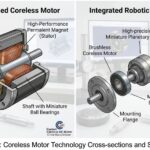 Technical cross-section diagram of a custom brushed coreless DC motor and an exploded view of an integrated robotic joint actuator