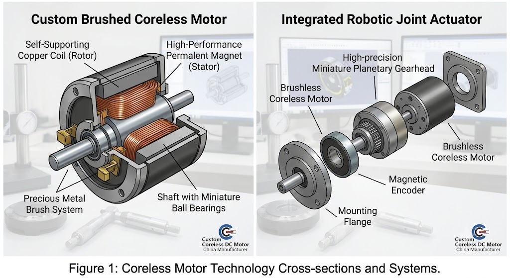 Technical cross-section diagram of a custom brushed coreless DC motor and an exploded view of an integrated robotic joint actuator