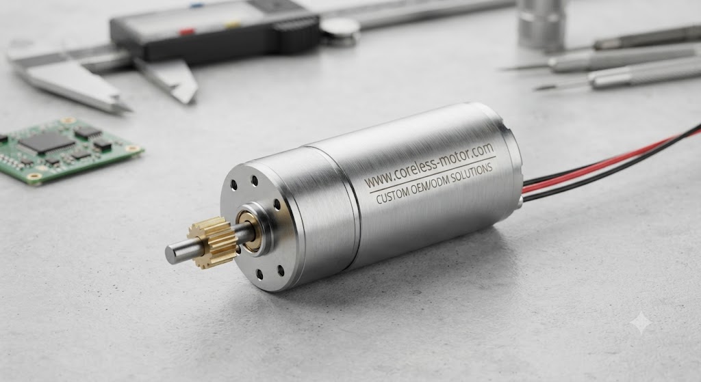 Micro DC motor and gearmotor on a workbench with engineering tools.