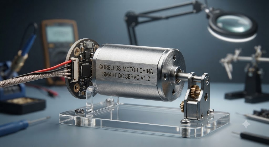 A high-precision, brushed metal coreless DC servo motor labeled 'Smart DC Servo V1.2' from Coreless-Motor China, mounted on a clear acrylic test stand with a brass gear assembly on the output shaft. In the blurred background are electronics tools like a digital multimeter and a soldering station.