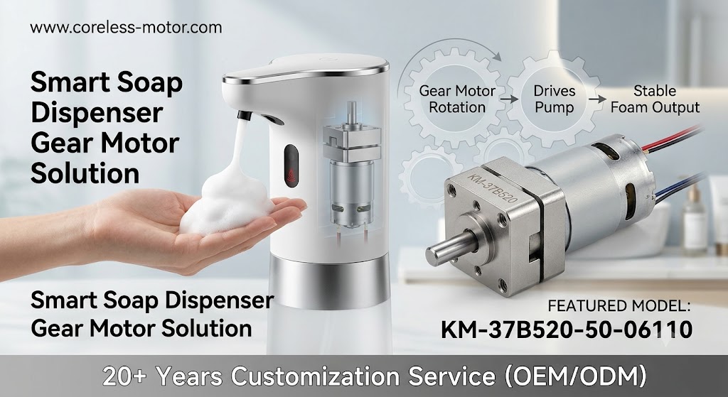Smart soap dispenser gear motor solution featuring KM-37B520-50-06110 geared motor, automatic foam dispenser pump mechanism, and 20+ years of customization service.