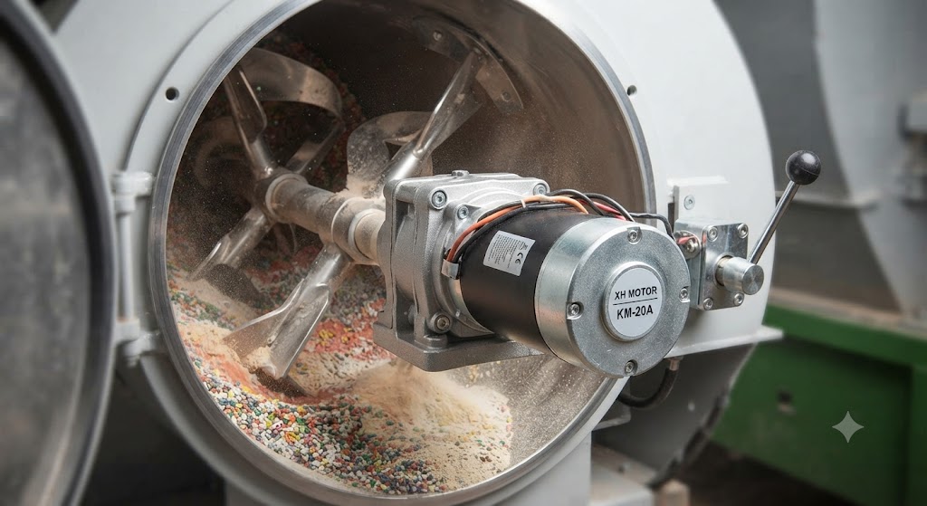 High-torque KM-20A coreless DC motor with gearbox installed inside an industrial agricultural fertilizer mixer drum.