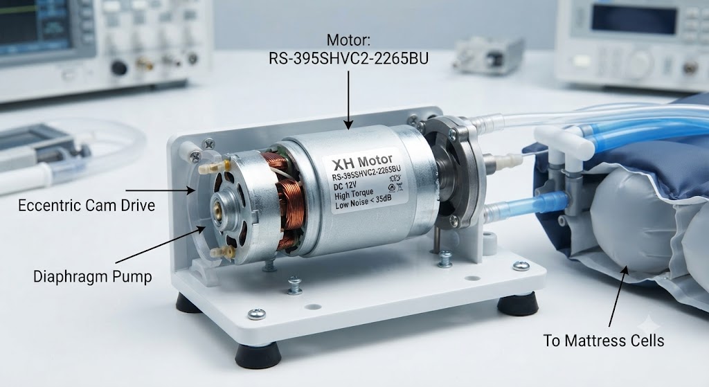 The XH Motor RS-395SHVC2-2265BU DC motor with an eccentric cam drive, diaphragm pump head, and connected air tubes, designed for medical alternating pressure mattress systems.
