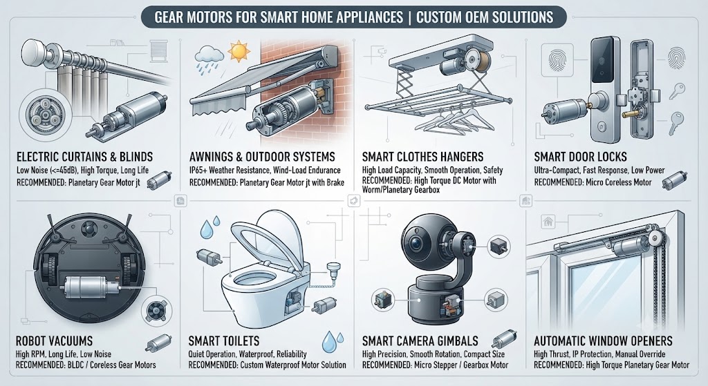 Custom gear motor and planetary gearbox solutions for smart home appliances, including electric curtains, door locks, and robot vacuums.