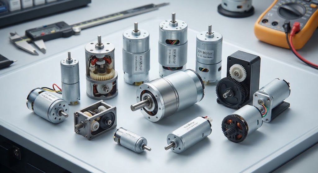 Collection of various precision DC gear motors including planetary and spur types on a workbench.