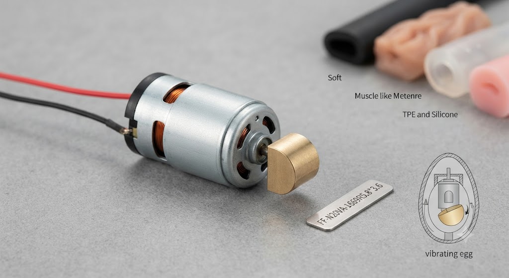 Close-up of the XH FF-N20VA coreless DC vibration motor with an eccentric brass weight, showing its components and wire leads.