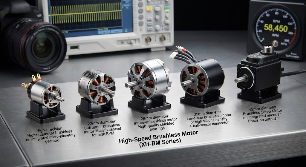 High-speed brushless DC motor lineup from manufacturer XH Motor for industrial and automotive applications.