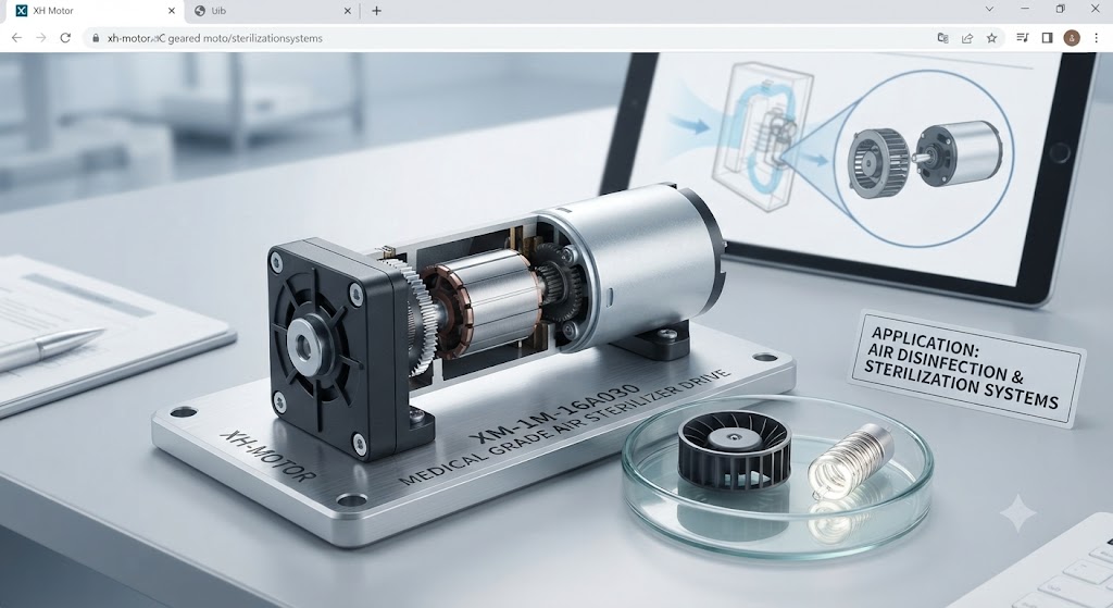 KM-16A030 DC geared motor designed for high-performance medical air sterilizer and purifier systems.