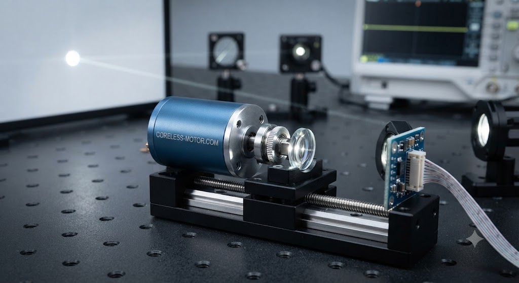 Coreless DC motor integrated with a precision linear stage and glass lens for optical instrument adjustment.