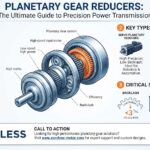 Planetary Gear Reducer and Gear Motor Infographic Guide showing core functions, types, and torque formulas for www.coreless-motor.com