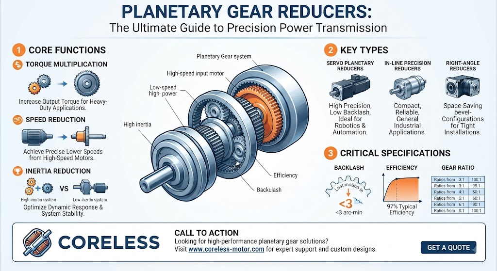 Planetary Gear Reducer and Gear Motor Infographic Guide showing core functions, types, and torque formulas for www.coreless-motor.com