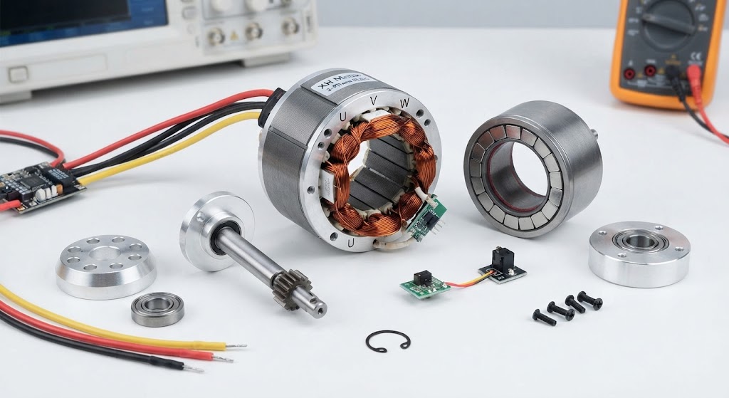 Exploded view of a high-performance XH Motor three-phase brushless DC motor, showing rotor, stator coils, shaft, bearings, and PCB on a technical workbench.
