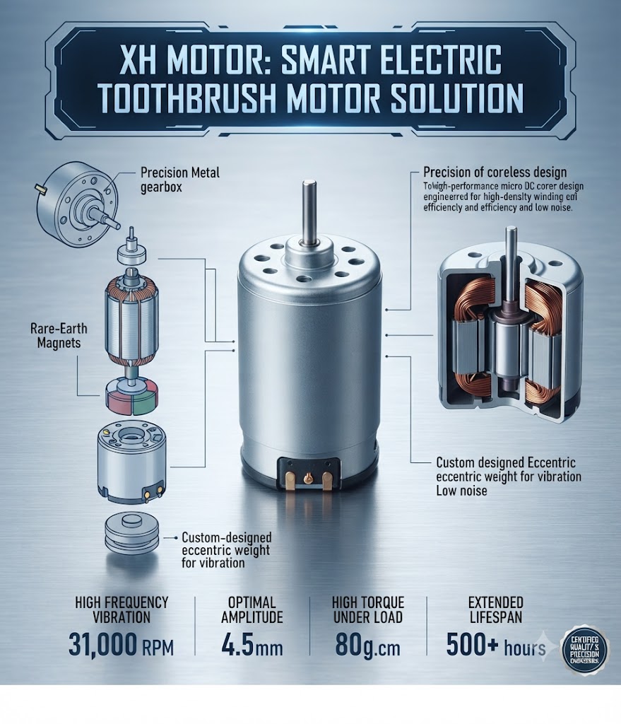 An infographic detailing the XH smart electric toothbrush motor solution, showing an exploded view of components (gearbox, rare-earth magnets, rotor) and a cutaway view, alongside performance specifications like 31,000 RPM and 80g.cm torque.