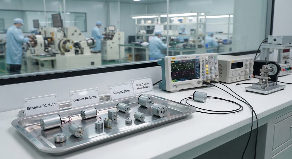 Brushless DC motor, coreless DC motor, and micro DC motor displayed on a tray beside testing equipment in an XH Motor manufacturing facility.
