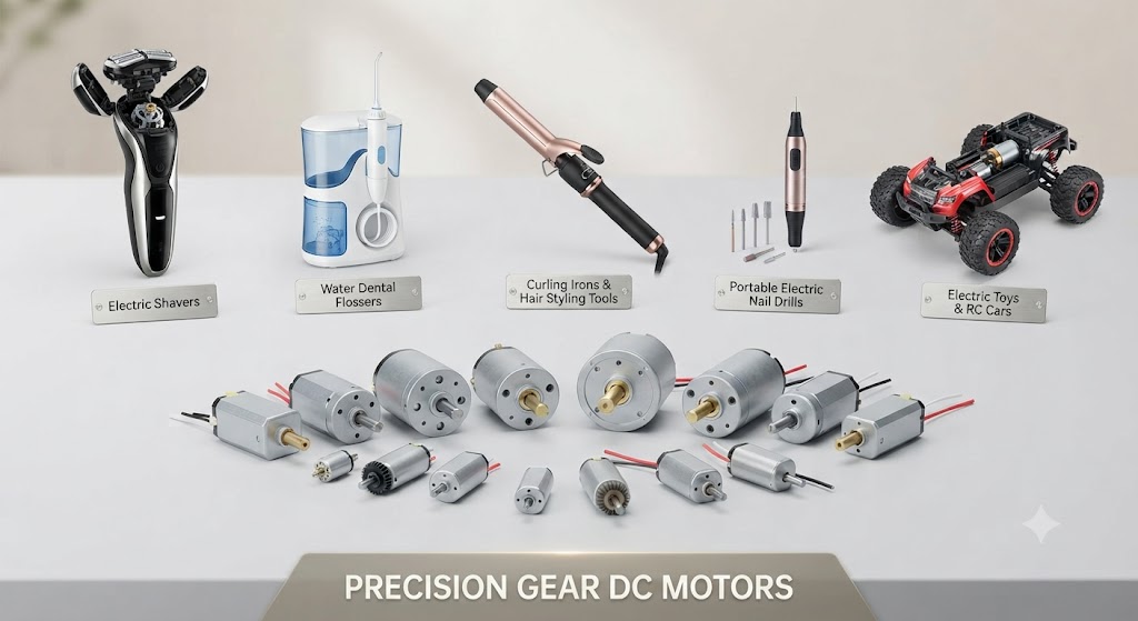 Alt Text: Precision gear DC motors and micro-actuation solutions for consumer electronics such as shavers, flossers, and curling irons