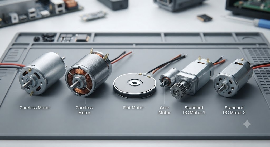 Assortment of coreless motors, flat DC motors, and gear motors displayed on an industrial workbench