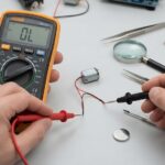 A technician using a digital multimeter to measure the resistance of a small coreless DC motor on a workbench.