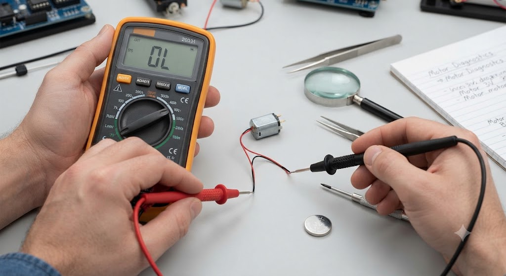 A technician using a digital multimeter to measure the resistance of a small coreless DC motor on a workbench.