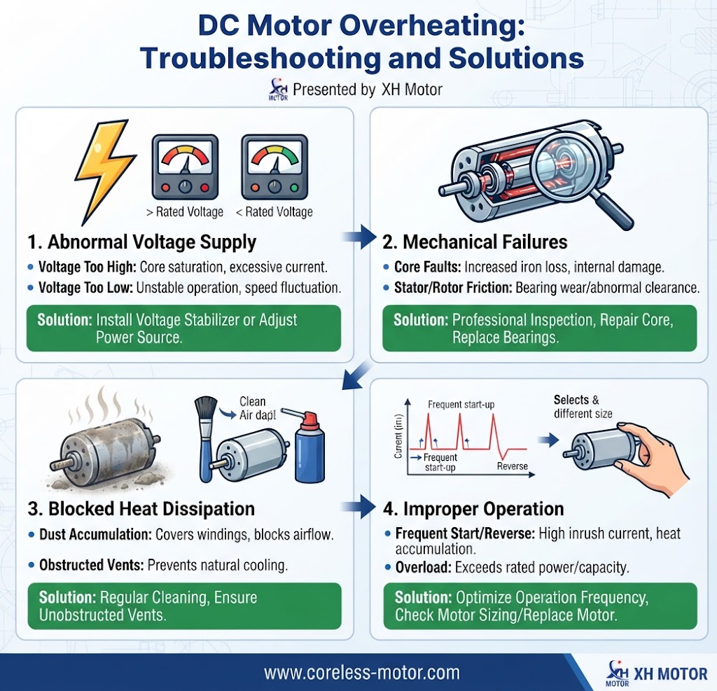An educational infographic titled "DC Motor Overheating: Troubleshooting and Solutions," presented by XH Motor. It is divided into four quadrants showing: 1. Abnormal Voltage Supply with voltage meters, 2. Mechanical Failures with a cutaway motor, 3. Blocked Heat Dissipation with a dusty motor and cleaning tools, and 4. Improper Operation with a current graph and hand selecting a motor.
