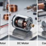 Comparison of a hollow cup motor, traditional brushed DC motor, and a coreless motor showing internal rotor structures on a measurement scale.