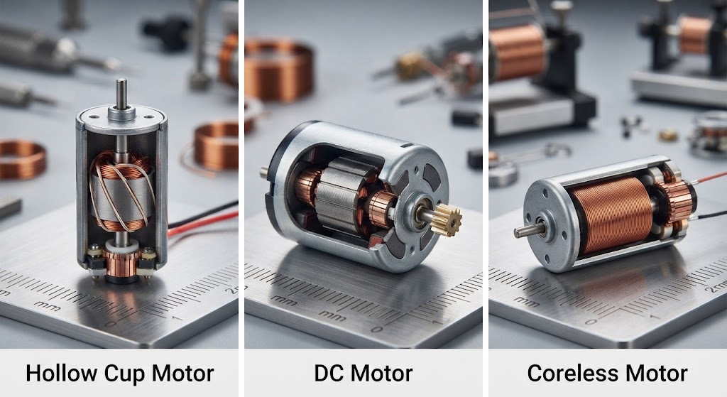 Comparison of a hollow cup motor, traditional brushed DC motor, and a coreless motor showing internal rotor structures on a measurement scale.