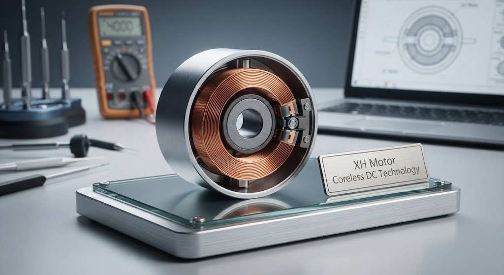 XH Motor precision coreless DC motor cutaway view showing internal rotor and copper coil windings on a display stand.
