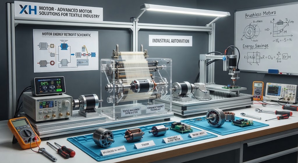 Comprehensive workstation setup displaying various brushless DC motors, permanent magnet rotors, and industrial automation components including a textile machinery drive test fixture.