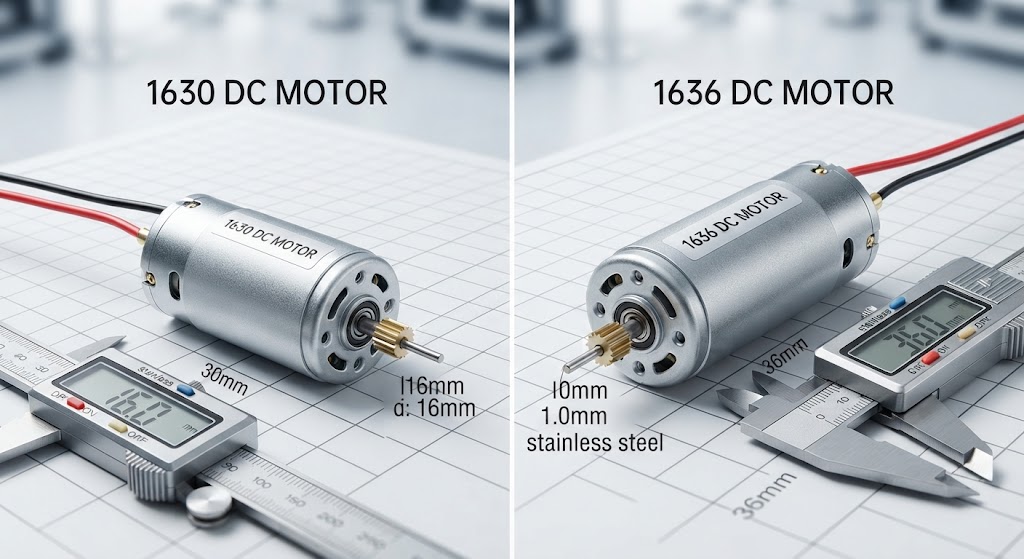 Side-by-side comparison of 16mm diameter coreless DC motors, showing the 1630 (30mm length) and 1636 (36mm length) models with digital calipers measuring their dimensions