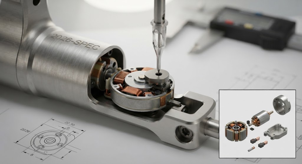 2067 DC flat motor coreless precision motor assembly inside a professional rotary tattoo machine