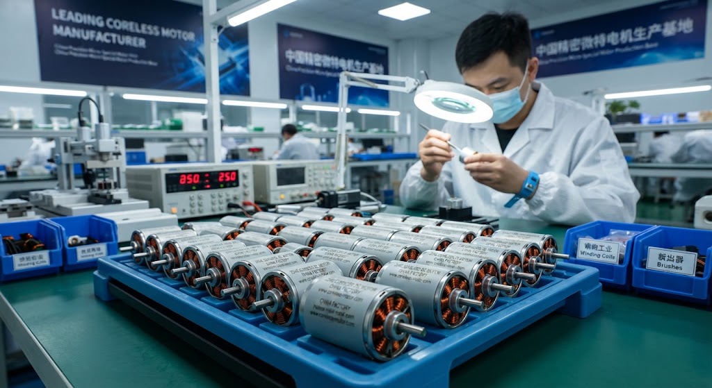 Worker inspecting a 2342 coreless motor at our high-precision micro DC motor manufacturing factory in China