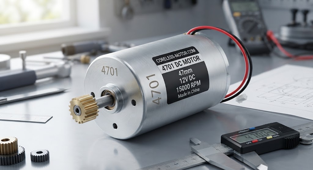 Precision 4701 coreless DC motor on an engineering workbench.