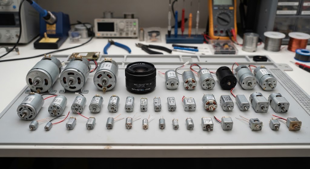 Various brushed DC motors and micro coreless motors arranged on an engineering workbench for testing.