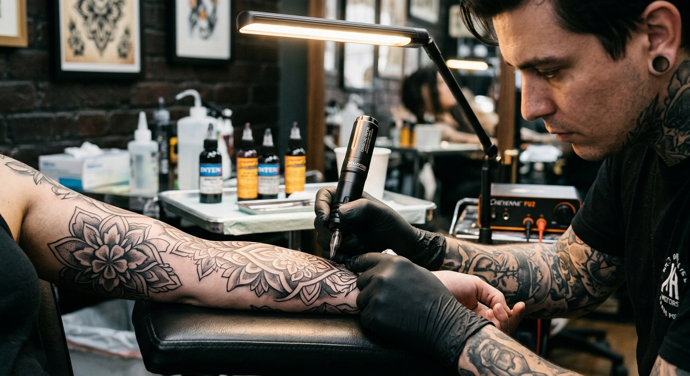 A detailed shot of a professional tattoo artist wearing black gloves, holding a modern, pen-style rotary tattoo machine powered by an internal DC motor while working on an intricate floral arm tattoo in a studio setting.