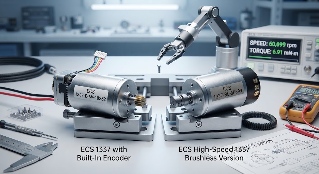 ECS 1337 coreless DC motor showing the built-in encoder version and high-speed brushless variant with technical specifications.