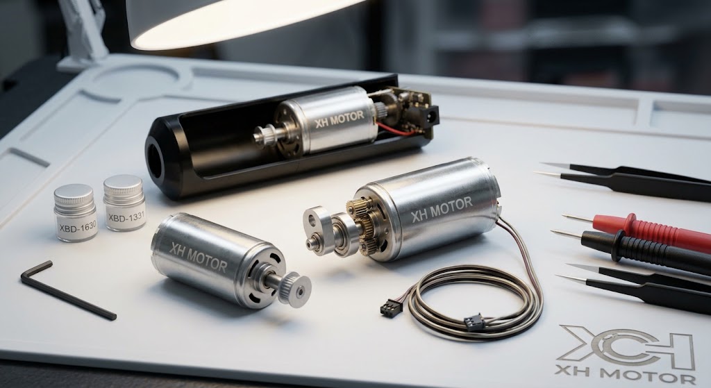 XH Motor XBD series coreless DC motors with eccentric cam and planetary gearhead assemblies
