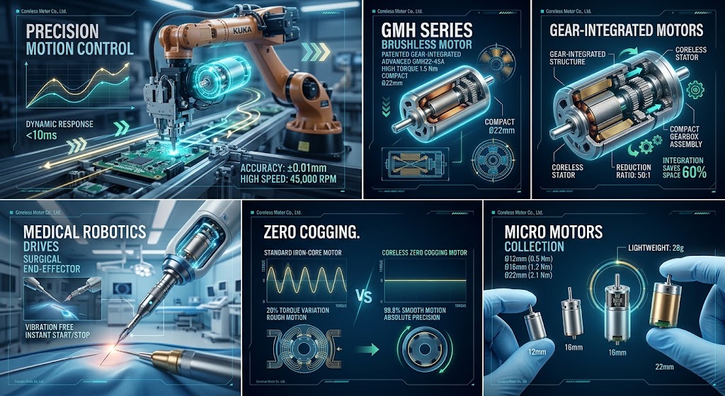 Coreless Motor Co Ltd precision motion control solutions showing GMH series gear integrated motors medical robotics zero cogging and micro motor specs