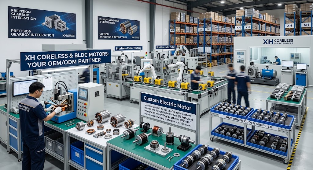 Custom DC motor china manufacturer producing coreless and brushless motors on an automated factory assembly line