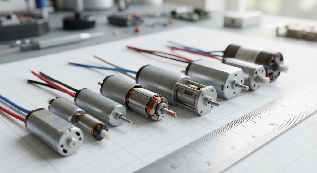 A close-up studio photograph of six different sizes of micro coreless DC motors arranged in a row on a white grid paper, with a metal ruler for scale.