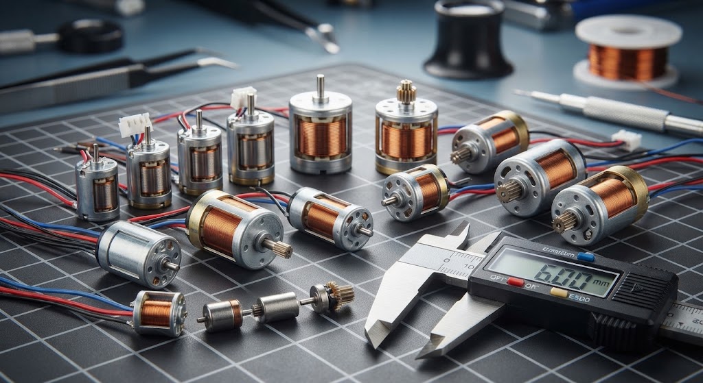 Assortment of miniature coreless motors with copper windings and digital calipers on a workbench.