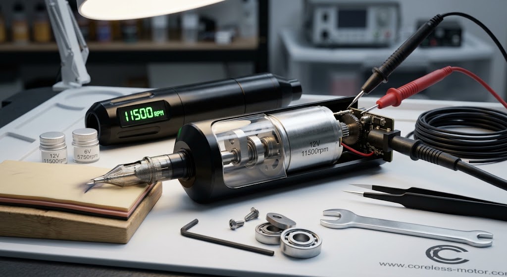 Cutaway view of a 12V 11500 RPM coreless rotary tattoo machine motor with eccentric cam mechanism