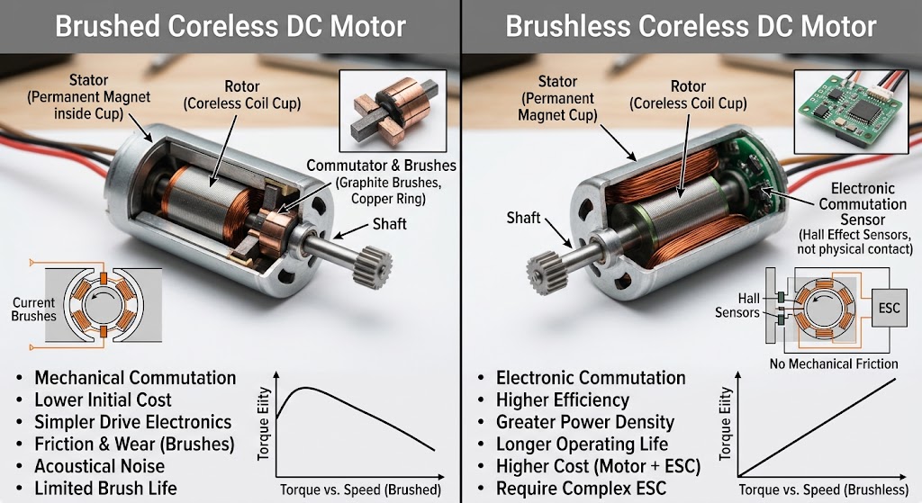 Brushed vs Brushless Coreless DC Motor comparison diagram showing structural differences, commutation methods, and performance charts