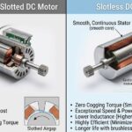 Brushed Coreless DC Motor diagram showing moving hollow coil cup, internal permanent magnet, and carbon brushes