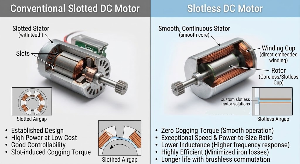 Brushed Coreless DC Motor diagram showing moving hollow coil cup, internal permanent magnet, and carbon brushes