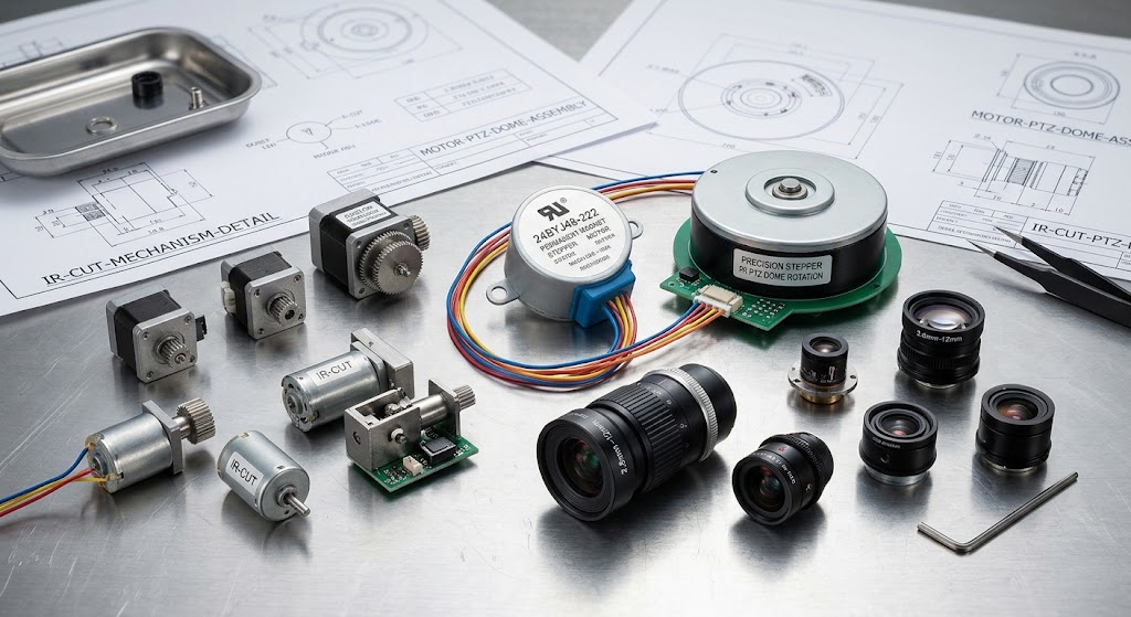 Micro motors for IPC security cameras including IR-CUT motor, lens focus stepper motor, and PTZ dome rotation motor